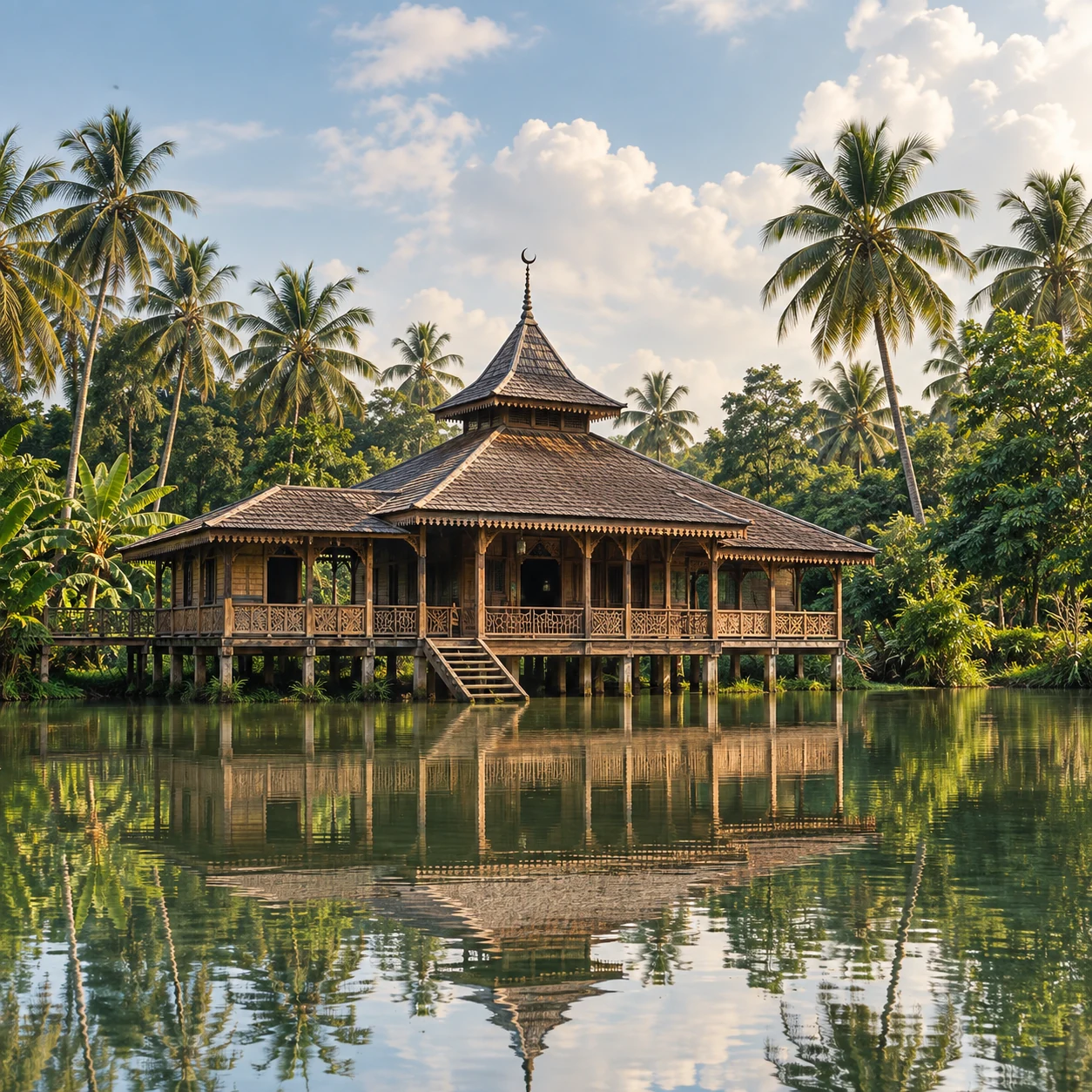 Ilustrasi surau tradisional Melayu di tepi air dan pokok kelapa.